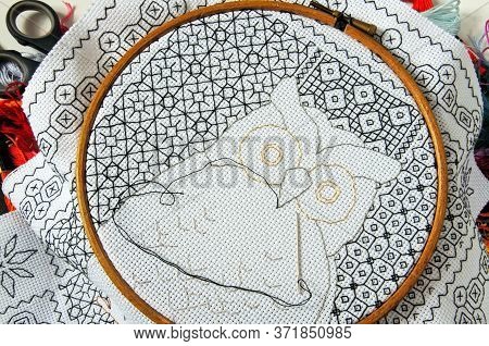 Blackwork Owl In A Wooden Embroidery Frame.