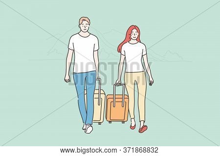 Couple, Travelling, Tourism Concept. Young Happy Man Woman Boyfriend Girlfriend Travelers Tourists W