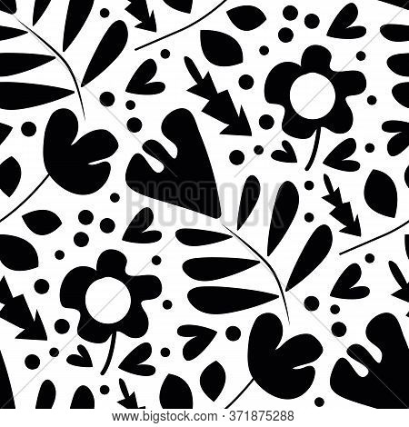 Wild Meadow Flowers Seamless Vector Pattern Background. Botanical Florals Black And White Backdrop. 