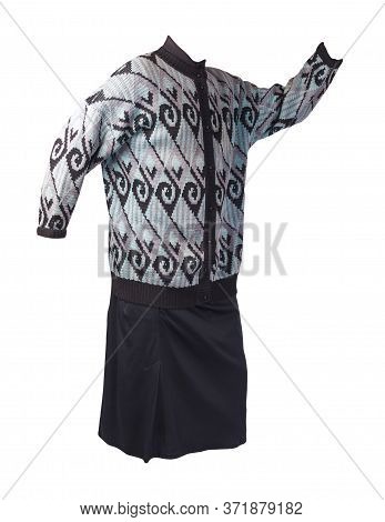 Female Long Black Skirt And Knitte Turquoise Black Sweater Isolated On White Background.comfortable 