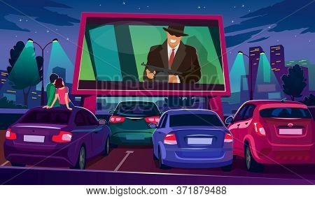 Watch Cinema On Big Screen Under Open Air Vector Illustration. Large Movie Screen Glowing In Darknes