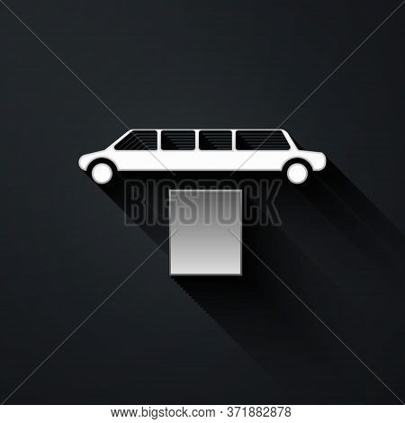 Silver Luxury Limousine Car And Carpet Icon Isolated On Black Background. For World Premiere Celebri