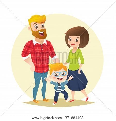 Vector Cartoon Family In Casual Clothes. Boy Jumping And Laughing With His Mom And Dad. Funny Expres