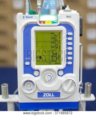 Bucharest, Romania - June 10, 2020: A Zoll Portable Mechanical Medical Ventilator On Display During 