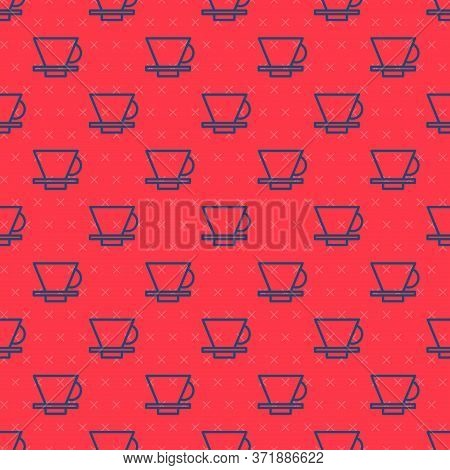 Blue Line V60 Coffee Maker Icon Isolated Seamless Pattern On Red Background. Vector