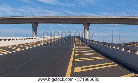 Road Highway Exit Entry Ramp Vehicle On New Travel Routes Standing Middle Of New Empty Asphalt Tarre