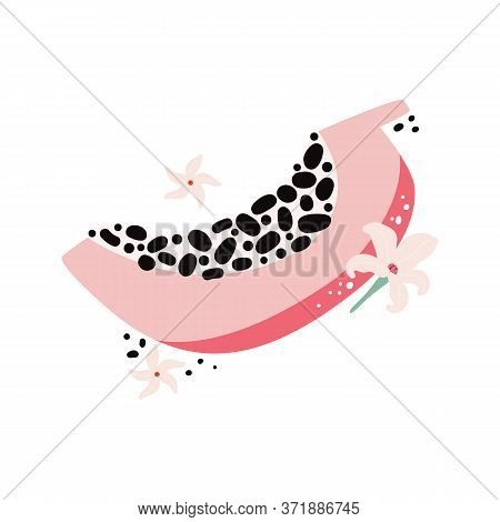 Slice Of Sweet Pink Papaya. Tropical Fruit With Pulp, Seeds And Flowers. Vector Flat Illustration. M
