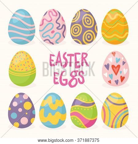 Spring Easter Vector Set With Colorful Eggs Isolated On White Background. For Cards, Invitations, Al