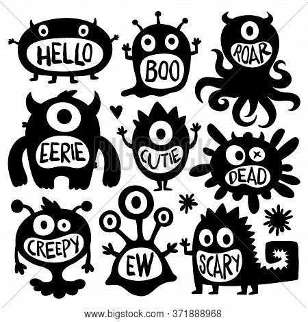 Flat Black And White Design Style Cartoon Vector Illustration Set Of Cute Monsters Vectors. Scary Sp