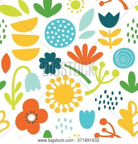 Lovely Minimal Scandinavian Cute Colorful Vector Seamless Pattern With Flowers, Plants And Leafs In 