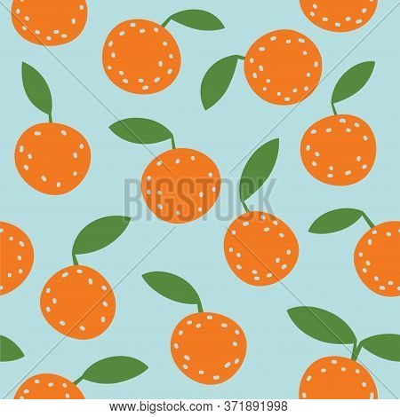 Lovely Colorful Vector Seamless Pattern With Cute Oranges And Leafs In Bright Colors. Can Be Used Fo