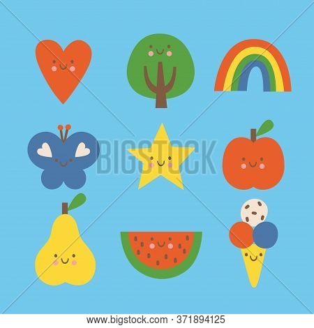Flat Colorful Design Style Cartoon Doodle Modern Vector Illustration Set. Heart, Tree, Rainbow, Butt
