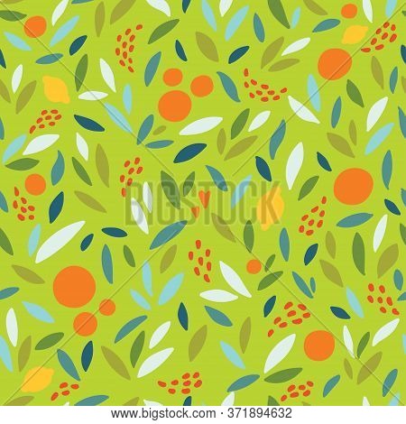 Lovely Colorful Vector Seamless Pattern With Cute Oranges, Lemons And Leaves In Bright Colors.