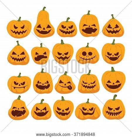 Vector Halloween Set Of Funny And Scary Pumpkins. Pumpkin Dark Silhouette. Flat Design Symbol Collec