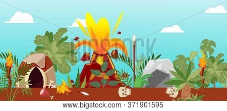 Tribal Cave Life Near Cartoon Volcano, Vector Illustration. Landscape With Mountain Nature, Stone Ho