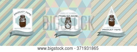 Three Colored Labels With Illustration Of Pepper Shaker, Salt Shaker Stock Illustration