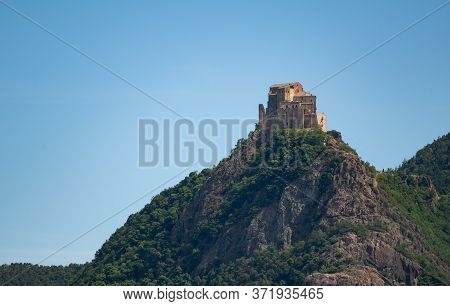 View Of The Abbey Of San Michele Della Chiusa,piedmont, Italy. Footage From The Mountain On The Oppo