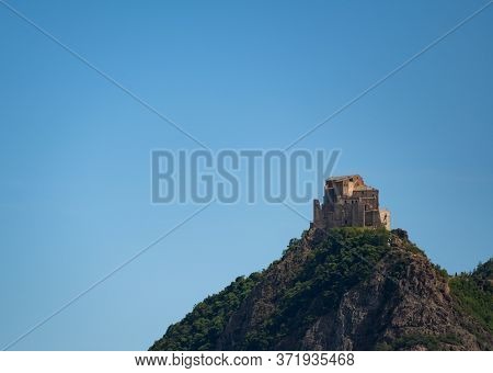 View Of The Abbey Of San Michele Della Chiusa,piedmont, Italy. Footage From The Mountain On The Oppo