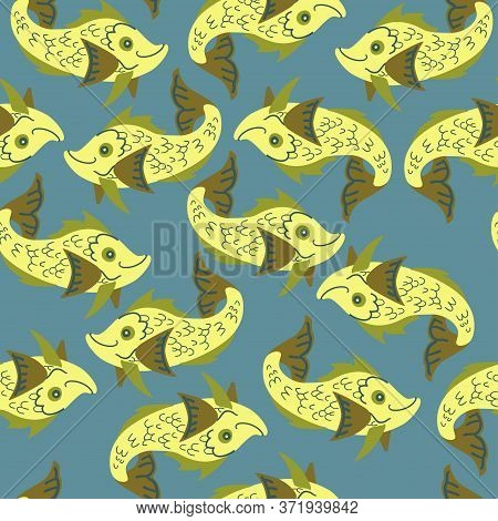 Seamless Pattern Of Freshwater Aquarium Cartoon Fishes. Vector Illustration In Sketch Style. Design 