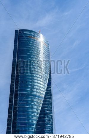 Madrid, Spain - June 14, 2020: Skyscraper Against Blue Sky In Four Towers Business Area. Torre Espac