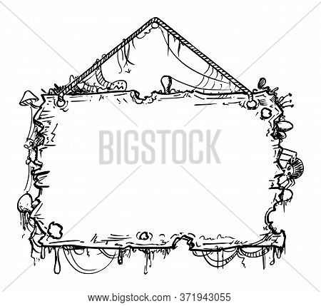 Hand Drawn Vector Old Decaying Fantasy Or Fairy Tale Wooden Business Sign Covered By Moss, Mushrooms