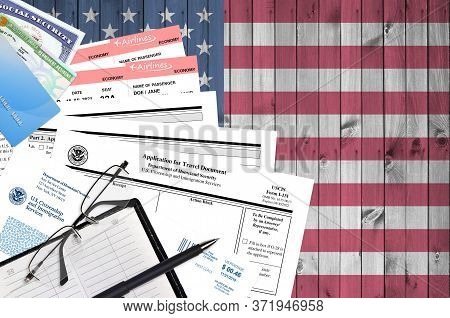 Uscis Form I-131 Application For Travel Document Lies On Flat Lay Office Table And Ready To Fill. U.