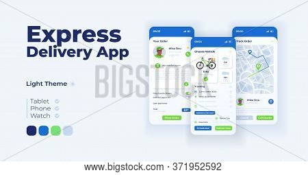 Express Delivery App Cartoon Smartphone Interface Vector Templates Set. Mobile App Screen Page Light