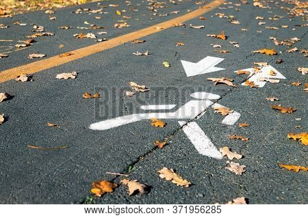 Painted White Pedestrian Symbol With Arrow On Asphalt Road At City Street Or Park On Autumn Day. Ded