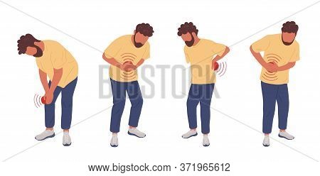 Man Having Different Types Of Pain. Vector Hand Drawn Character Illustration. Set Of Illustrations W
