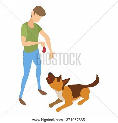 Cynologist Give Meat To Dog Icon. Isometric Of Cynologist Give Meat To Dog Vector Icon For Web Desig