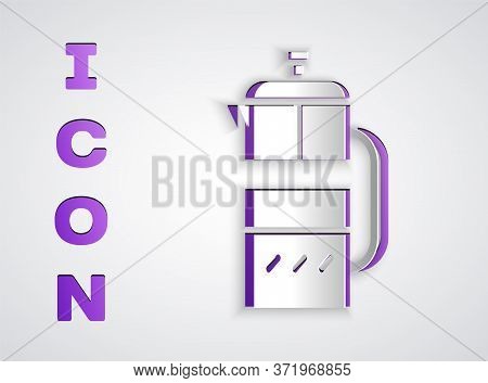 Paper Cut French Press Icon Isolated On Grey Background. Paper Art Style. Vector Illustration.