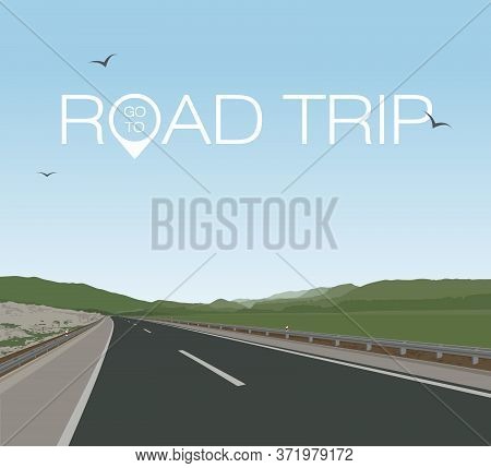 Road Through The Summer Green Mountains. Travel. Stock Vector Illustration