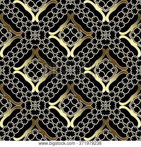 Gold Chains 3d Seamless Pattern. Modern Ornamental Luxury Grid Background. Repeat Ornate Gold And Bl