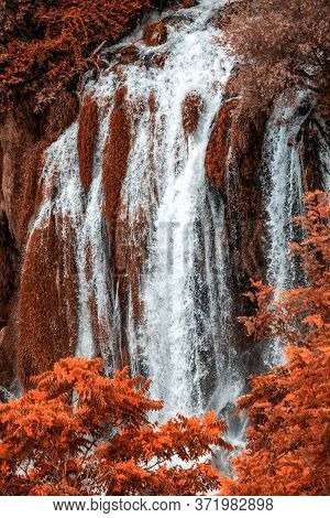 Autumn Gold Kravice Waterfall On The Trebizat River In Bosnia And Herzegovina. Fall Miracle Of Natur