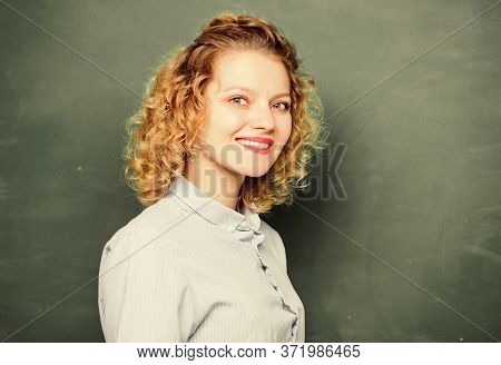 Good Teacher Is Master Of Simplification. Woman Teacher In Front Of Chalkboard. Passionate About Kno