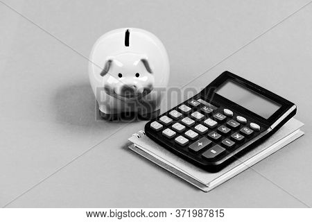 Calculate Profit. Piggy Bank Pink Pig And Calculator. Business Administration. Finance Manager Job P