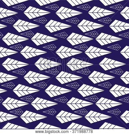 White Geometric Leaves On Blue Navy Background In Fill And Outline Pattern. Vector Seamless Pattern 