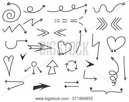 Isolated Vector Hand Drawn Simple Arrows Set On A White Background. Pencil And Pan Sketch Abstract D