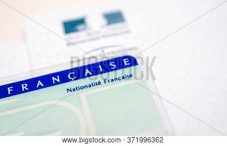 Paris, France - Mar 31, 2019: Tilt Shift Lens Close-up Macro Shot Of National Identity Card Carte Na