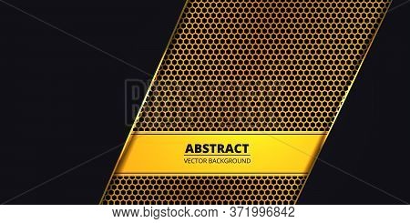 Luxury Dark Background With Golden Hexagon Carbon Fiber. Abstract Background With Golden Luminous Li