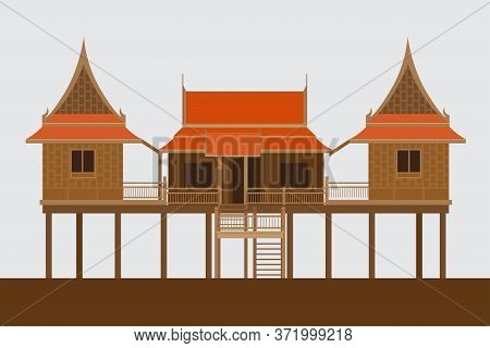 Thai Traditional House,thai Wooden House Beautiful Architecture, Vector Illustration.