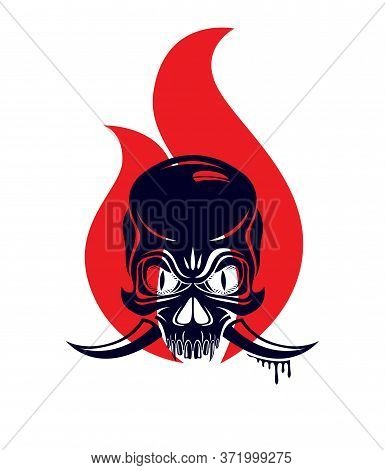 Devil Sign Horned Skull In Flames Vector Illustration Classic Style Tattoo, Dead Scull With Animal H