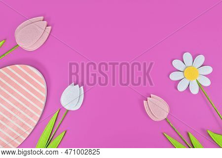 Felt Tulip And Daisy Spring Flowers And Wooden Easter Egg On Purple Background