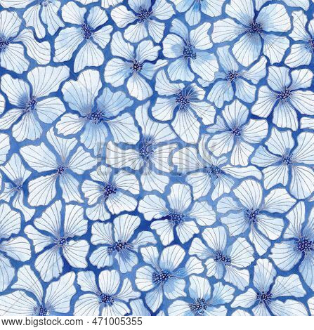 Vintage Watercolor Floral Seamless Pattern. Hand Drawn Abstract Blue Flowers With Silver Contours On