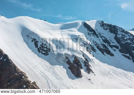 Minimalist Landscape With Snowy Mountains In Sunlight. Simple Minimalism With Snowy Mountain Wall. M