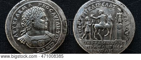 Ancient Roman Medallion Of Emperor Caracalla Minted In Pergamum, Macro View. Old Rare Artifact Isola