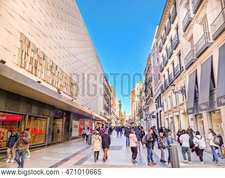 Madrid, Spain - 04 February, 2023: People Walking In The Calle De Preciados Street. The Public Stree