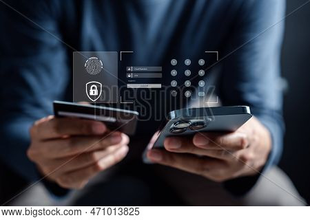 Verify Security On Technology Payment Concept. Man Typing Credit Card Number For Payment In Online S