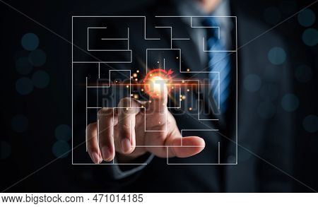 Businessman Touching Target Icon In Maze For Solution, Exit Of Business Strategy And Planning To Ove