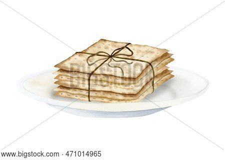Hand Drawn Stack Of Matzah For Jewish Passover Isolated On A White. Pile Of Matzot, Traditional Pesa
